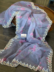 Designer Organza Floral - Bluish Grey Handwork Border
