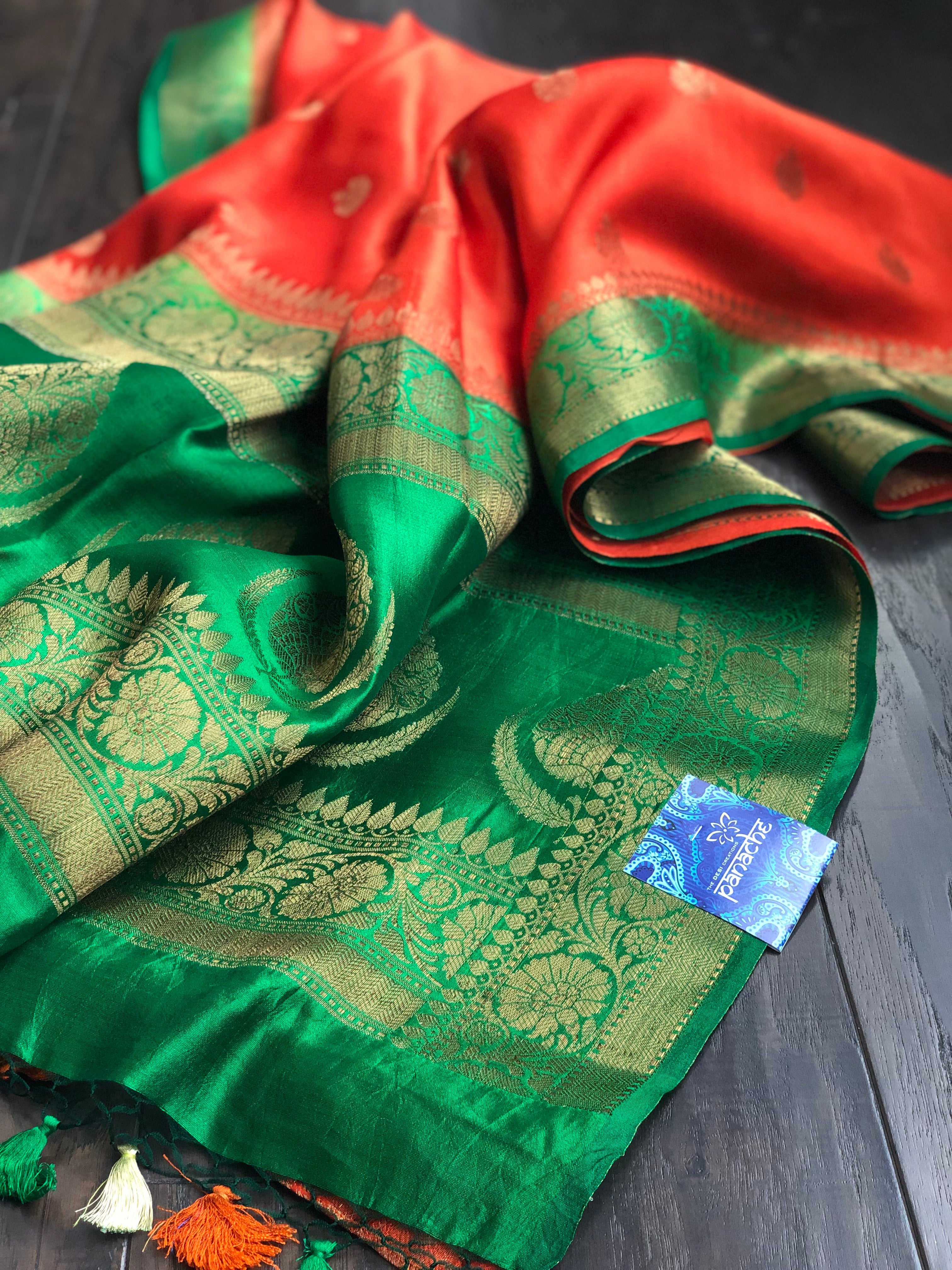 Chiniya Silk Banarasi - Reddish Orange Green