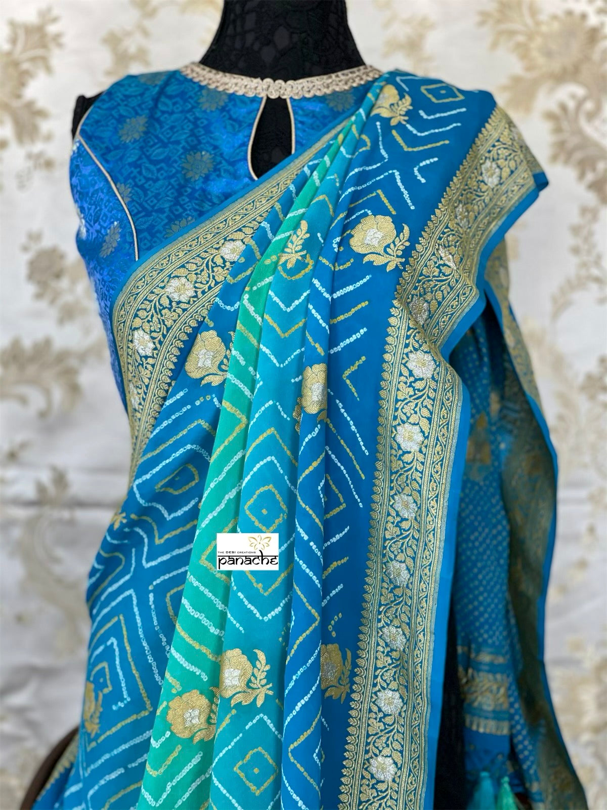 Bandhej Khaddi Georgette Banarasi - Firozi Sea Green Kadwa