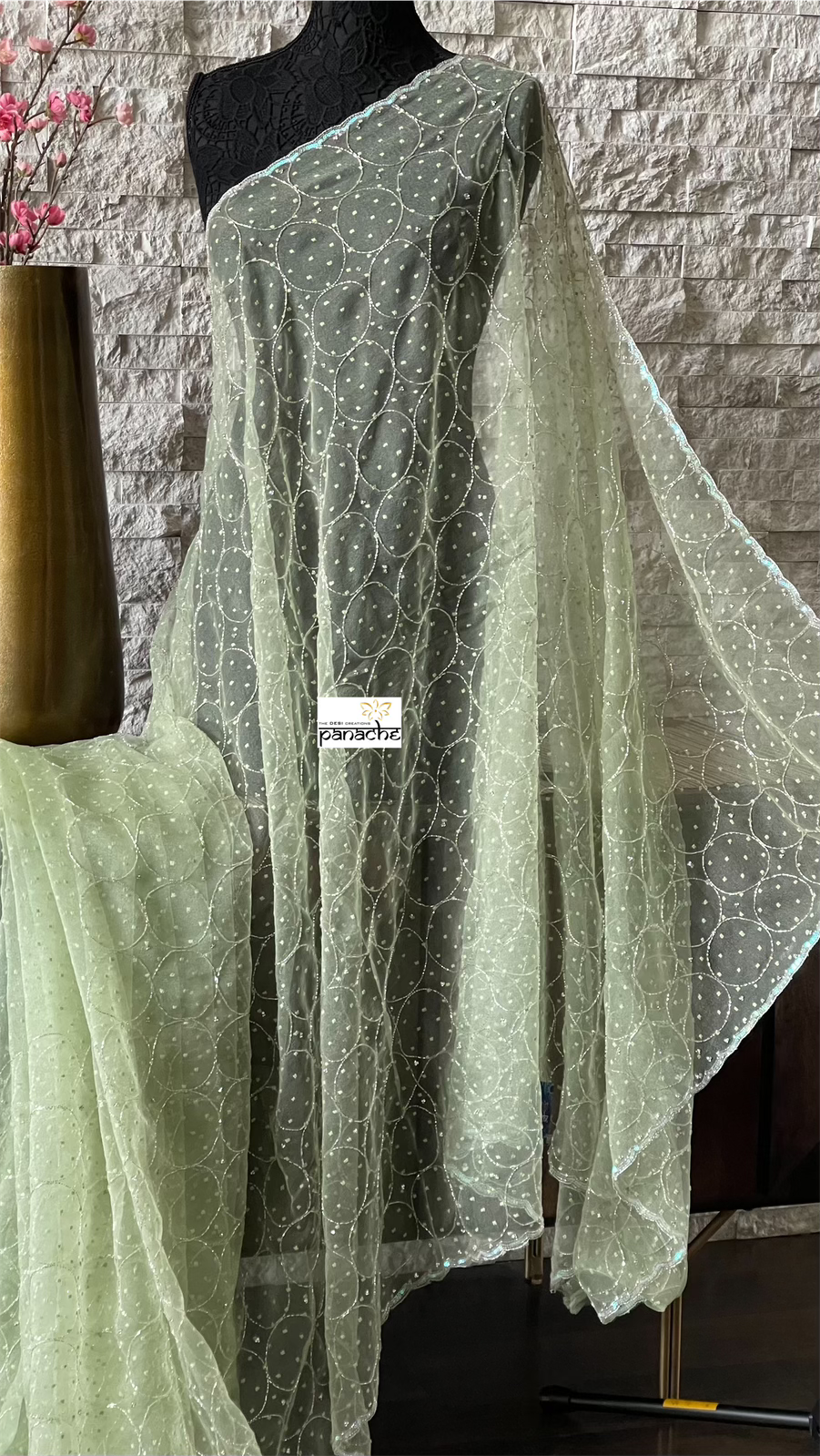 Designer Organza -  Pista Green Hand Embroidered