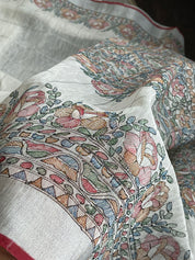 Handloom Silk Linen - White Madhubani printed Checkered