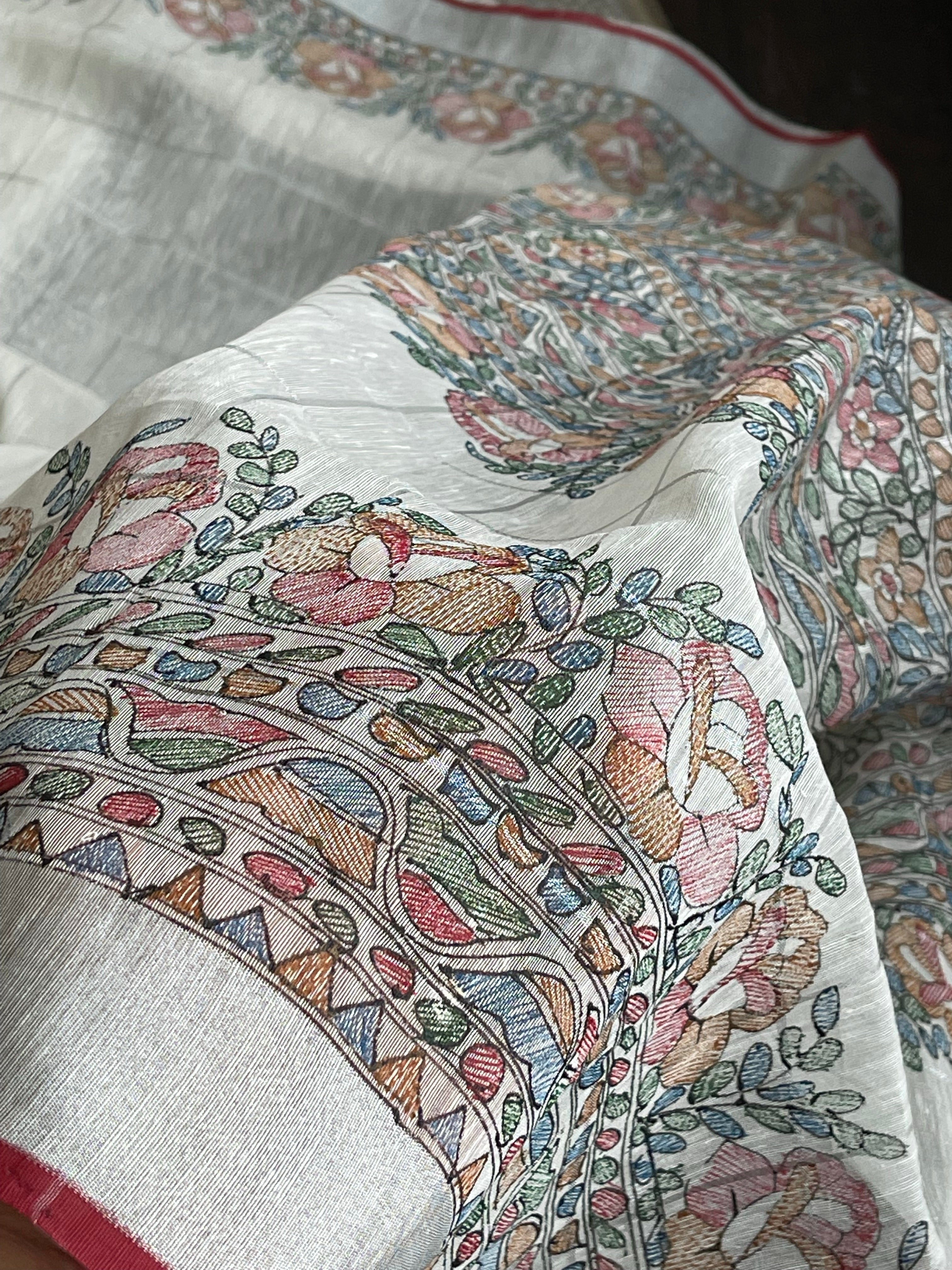 Handloom Silk Linen - White Madhubani printed Checkered