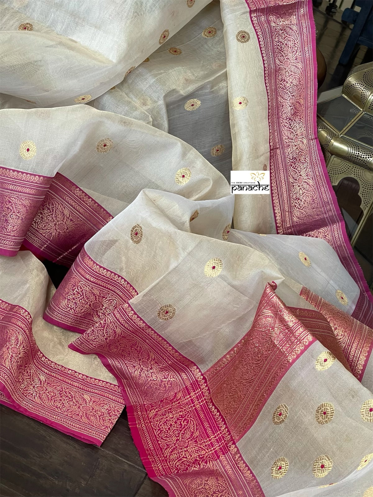 Tissue Chanderi Silk - Golden Beige Magenta Meenakari