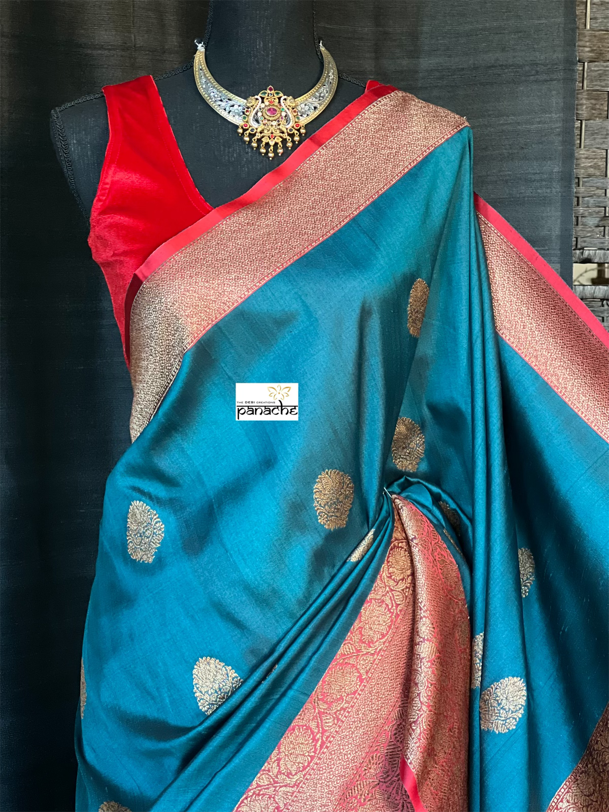 Tussar Silk Banarasi - Teal Blue Red Patli Pallu