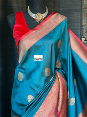 Tussar Silk Banarasi - Teal Blue Red Patli Pallu