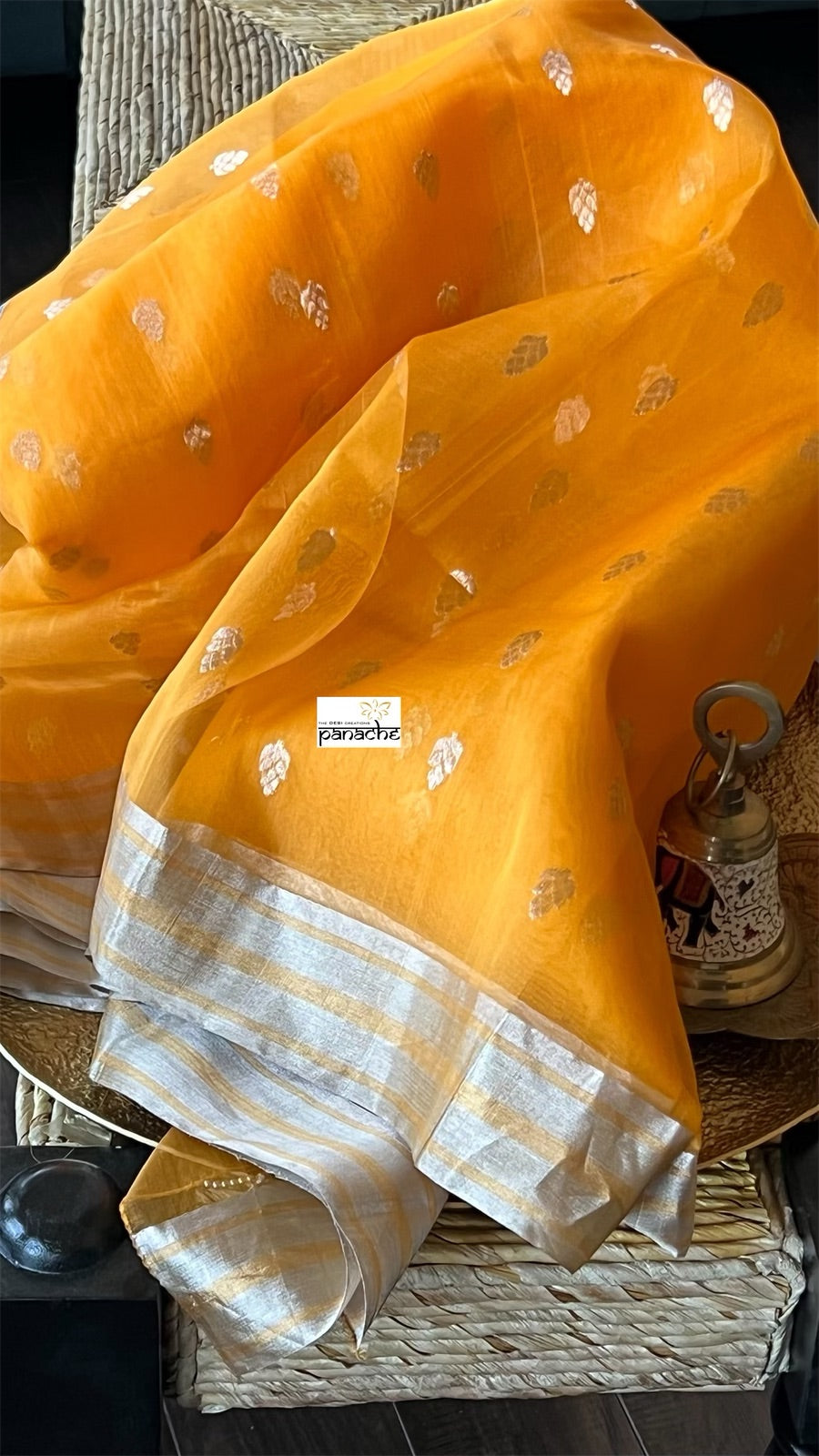 Pure Chanderi Organza Silk - Orangish Yellow Silver Zari