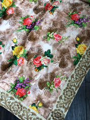 Designer Floral Satin Silk - Peach Brown