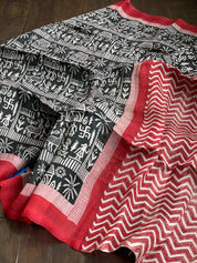 Pure Murshidabad Silk - Black White Red Printed
