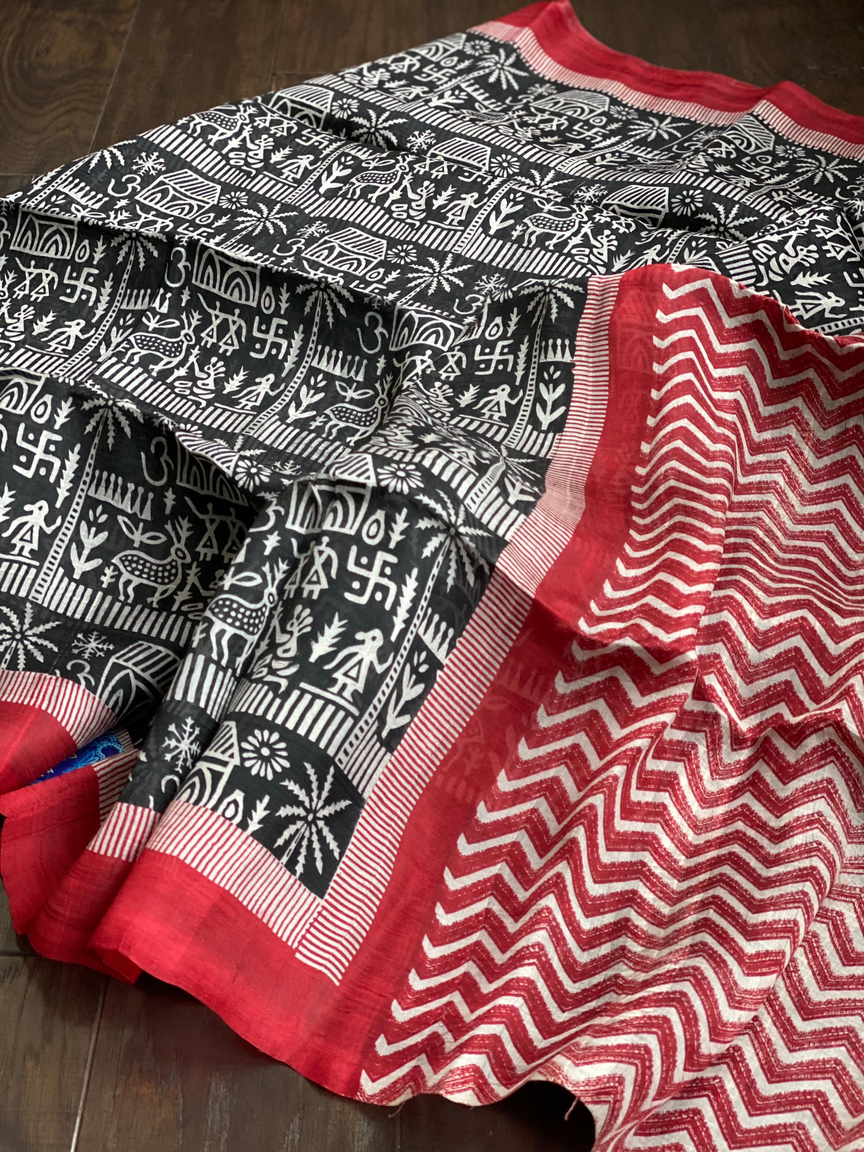 Pure Murshidabad Silk - Black White Red Printed