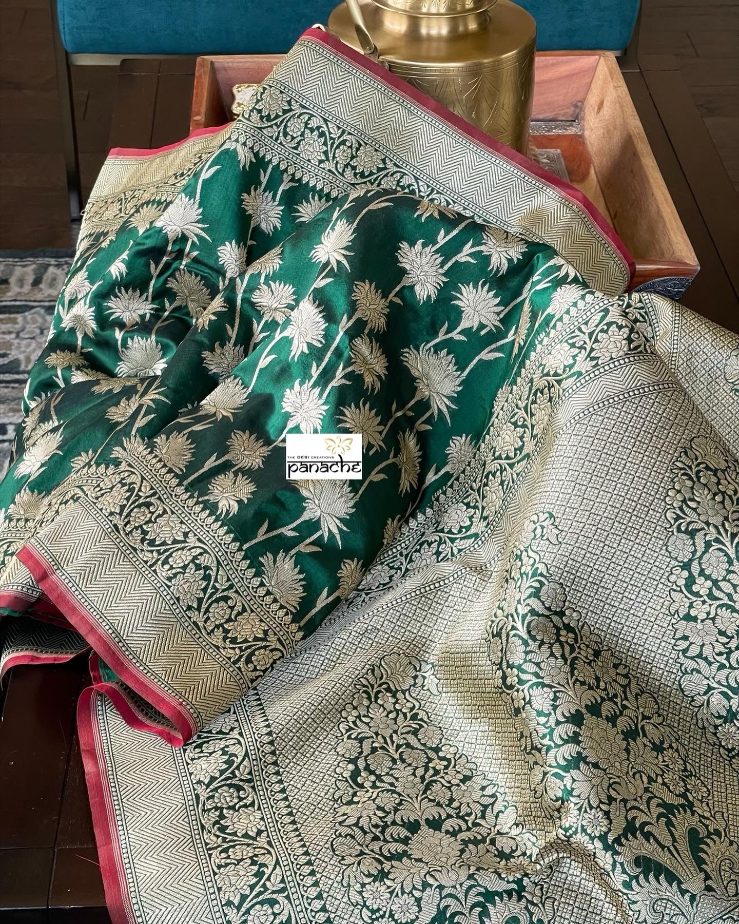 Pure Silk Banarasi - Green Red Antique Golden Zari