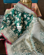 Pure Silk Banarasi - Green Red Antique Golden Zari