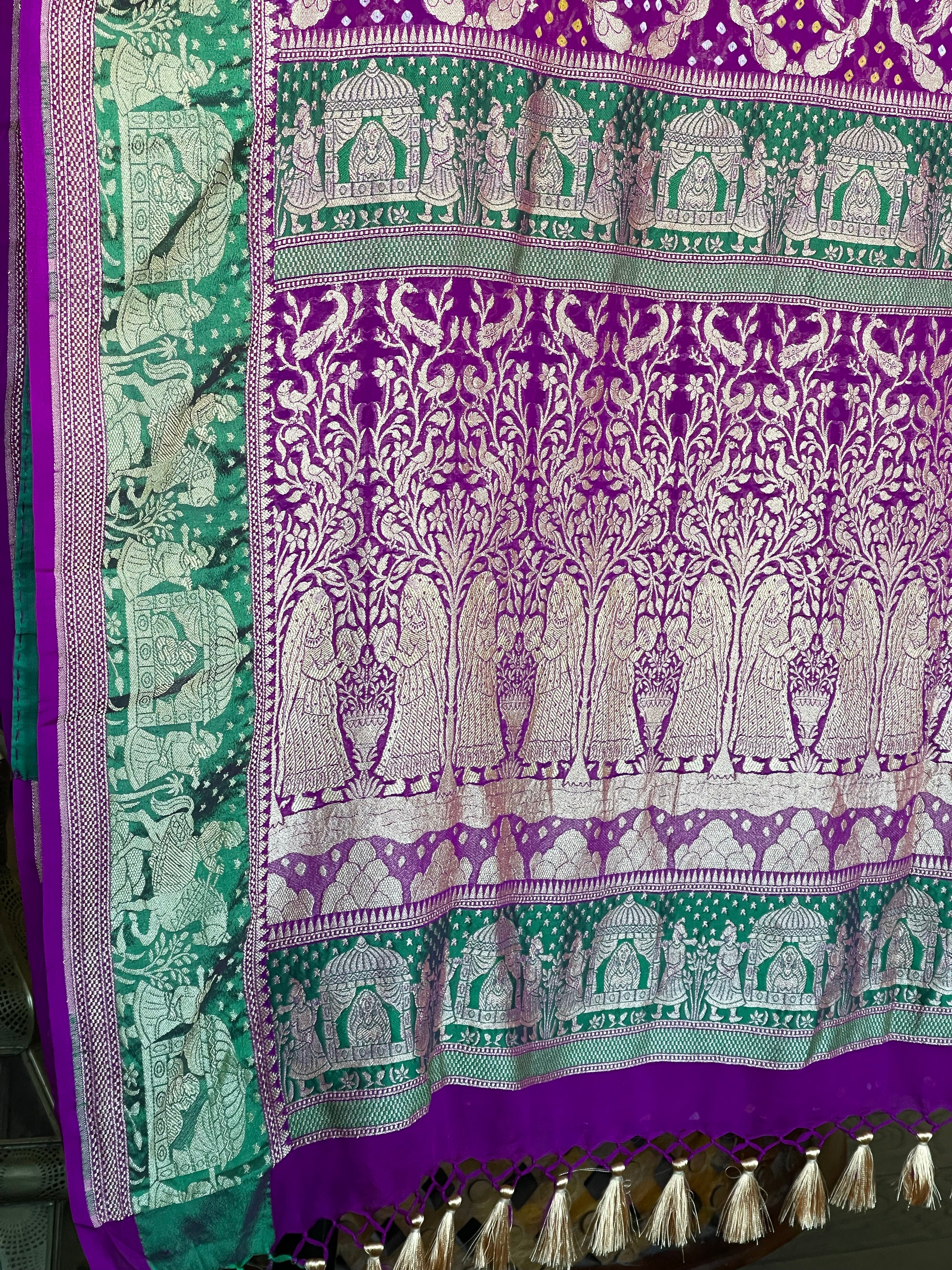 Bandhej Khaddi Georgette Banarasi - Purple Green