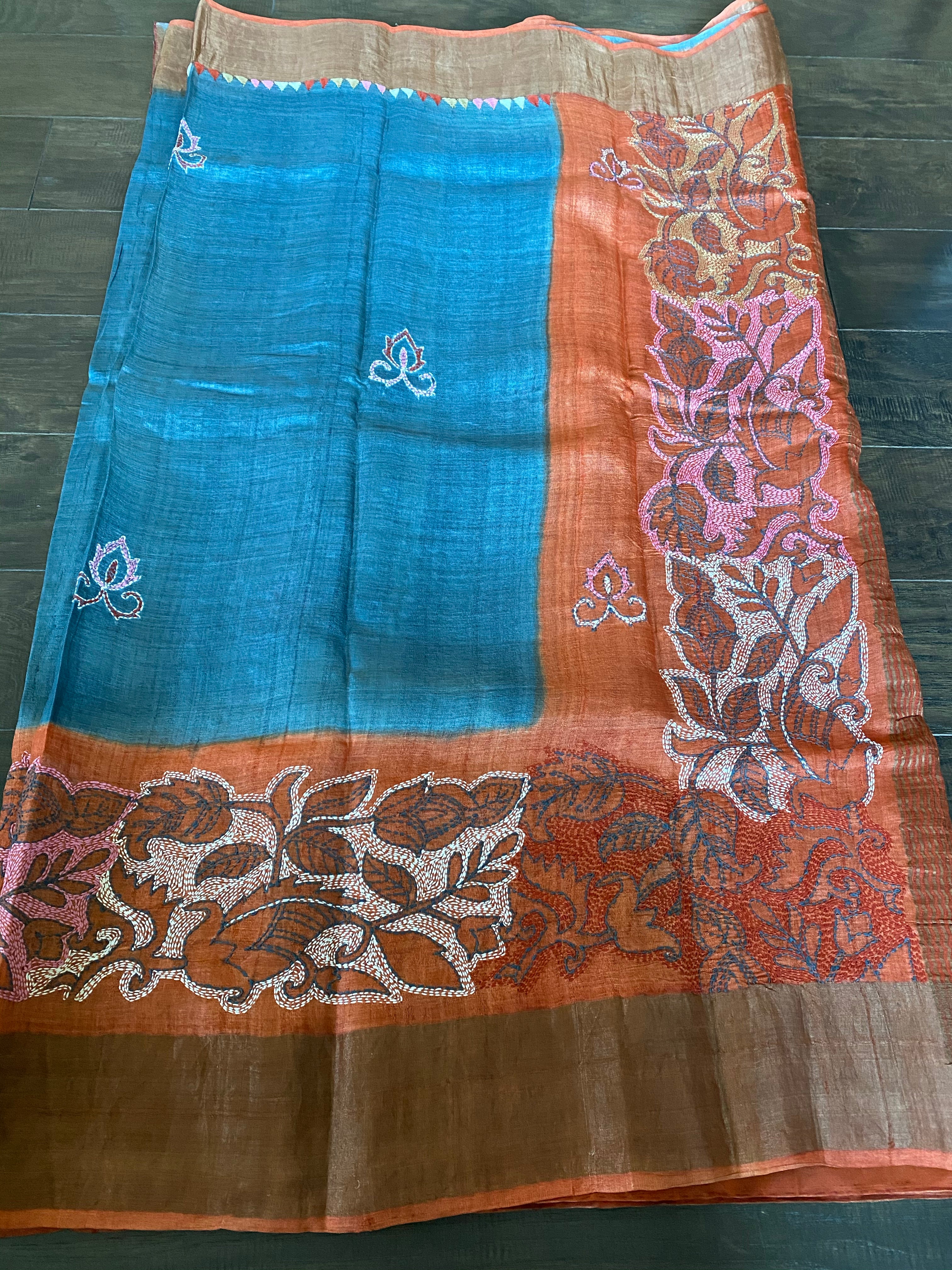 Pure Tussar Silk Kantha Stitch - Grey Rust