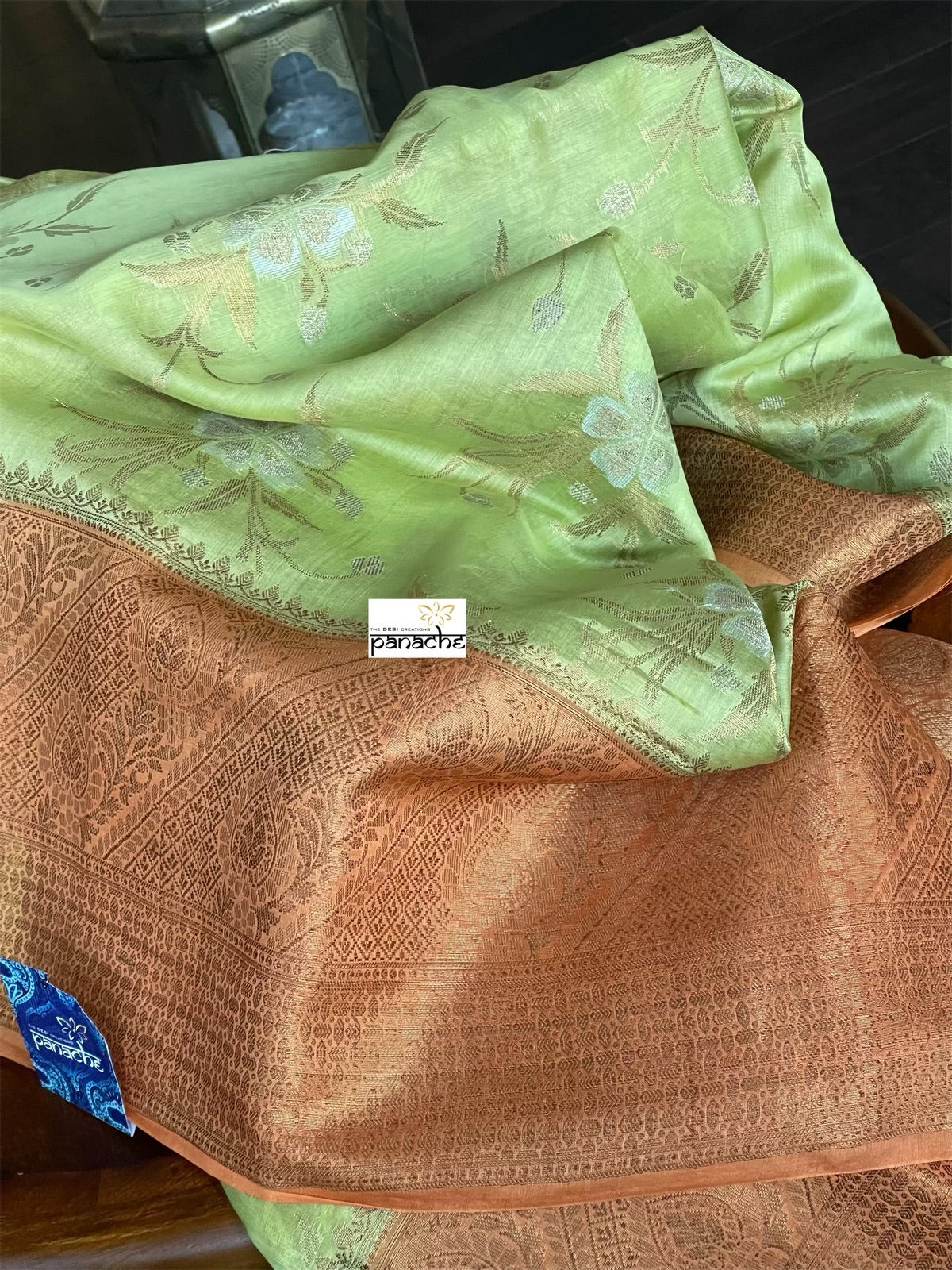 Mulmul Tissue Cotton Banarasi - Pista Green Orange Golden Zari