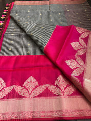 Kora Linen Silk Banarsi - Black White Checks Pink