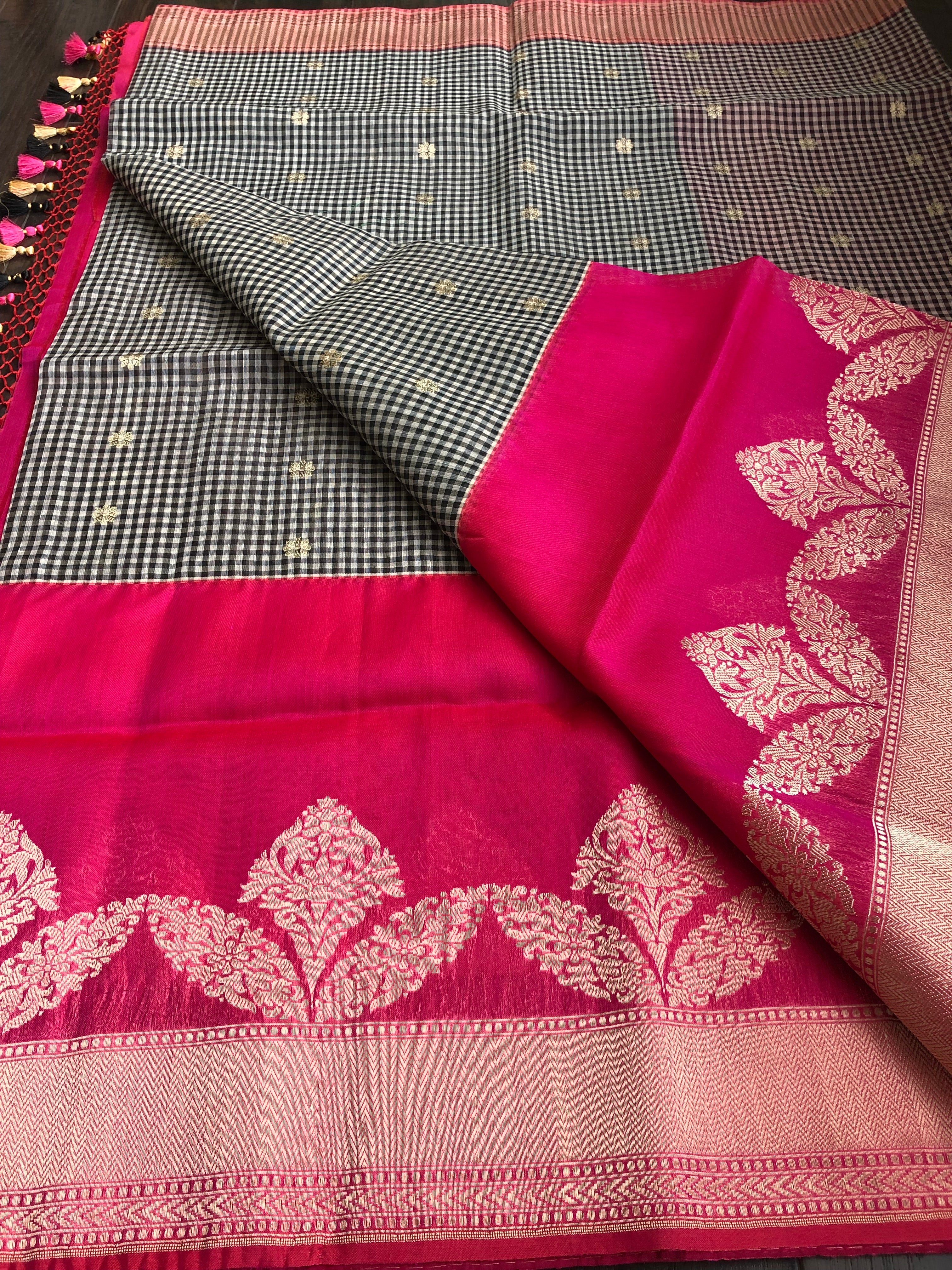 Kora Linen Silk Banarsi - Black White Checks Pink