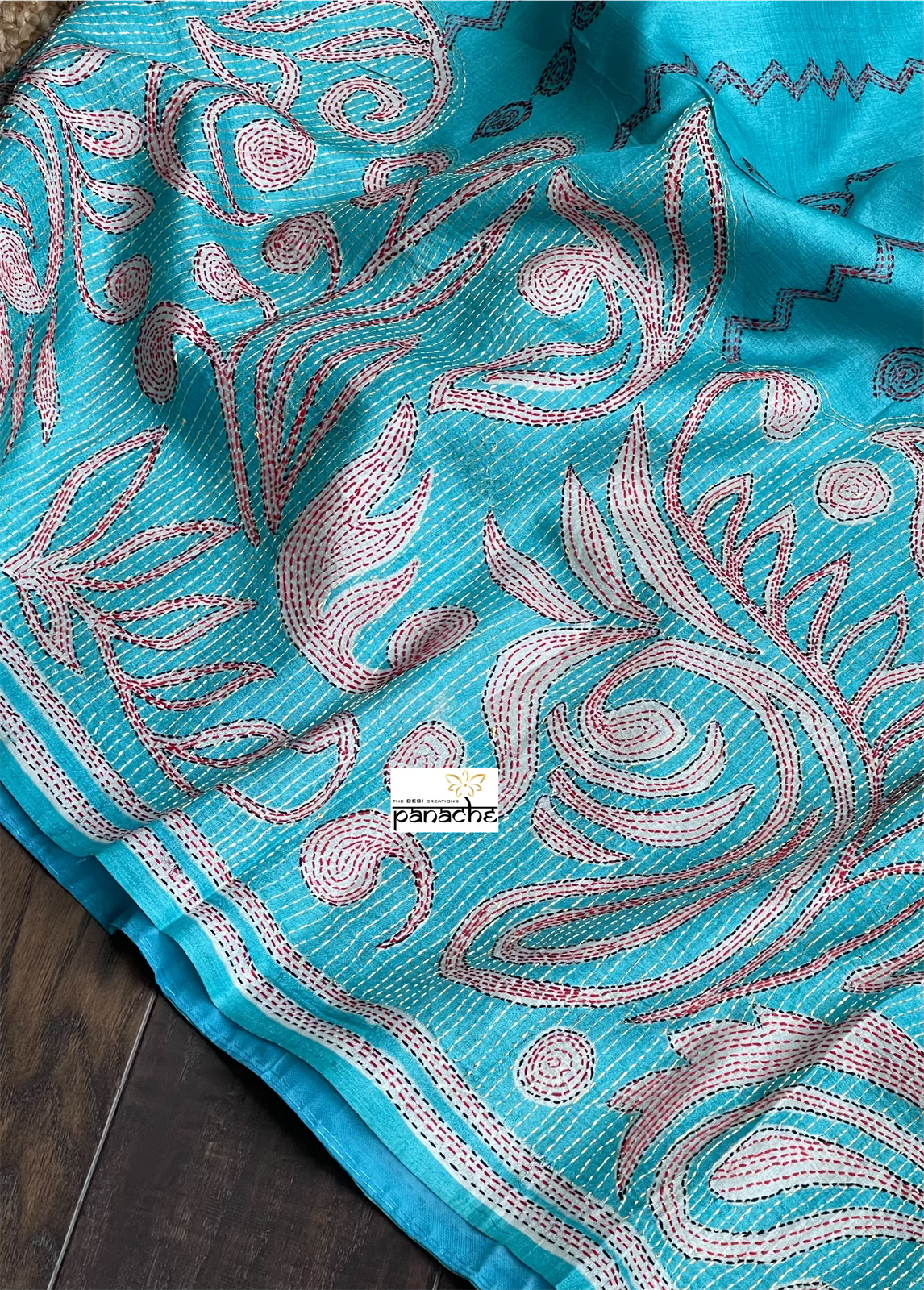 Tussar Silk Kantha Stitch -  Firozi