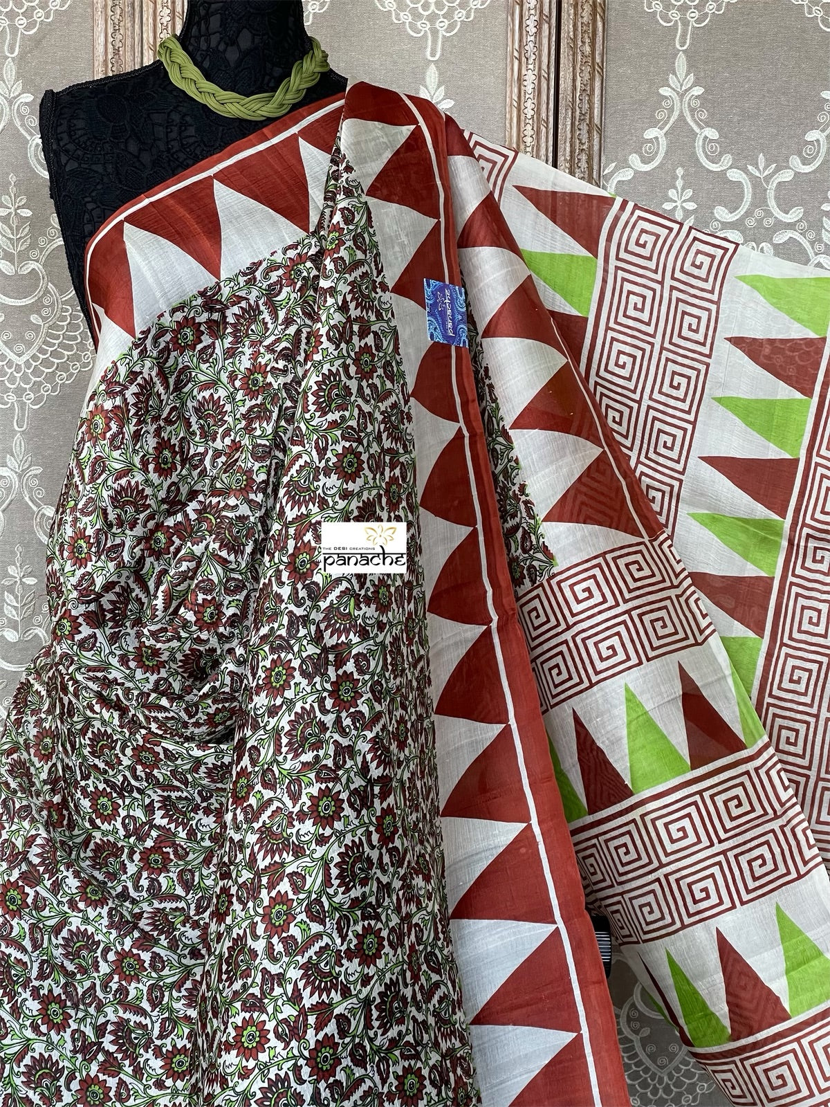 Pure Murshidabad Silk - Green Brown Off White Temple Border Printed