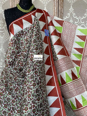 Pure Murshidabad Silk - Green Brown Off White Temple Border Printed