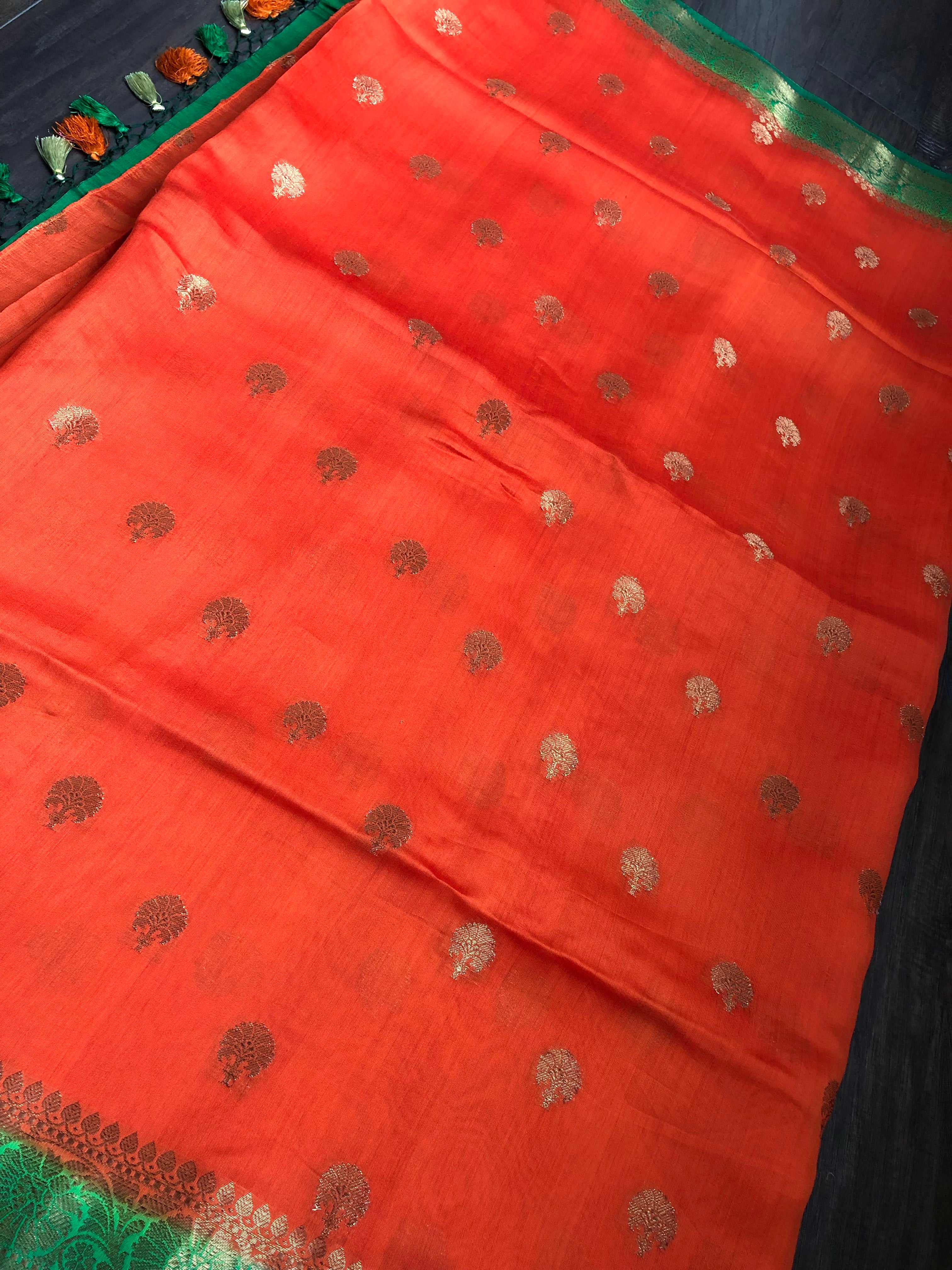 Chiniya Silk Banarasi - Reddish Orange Green