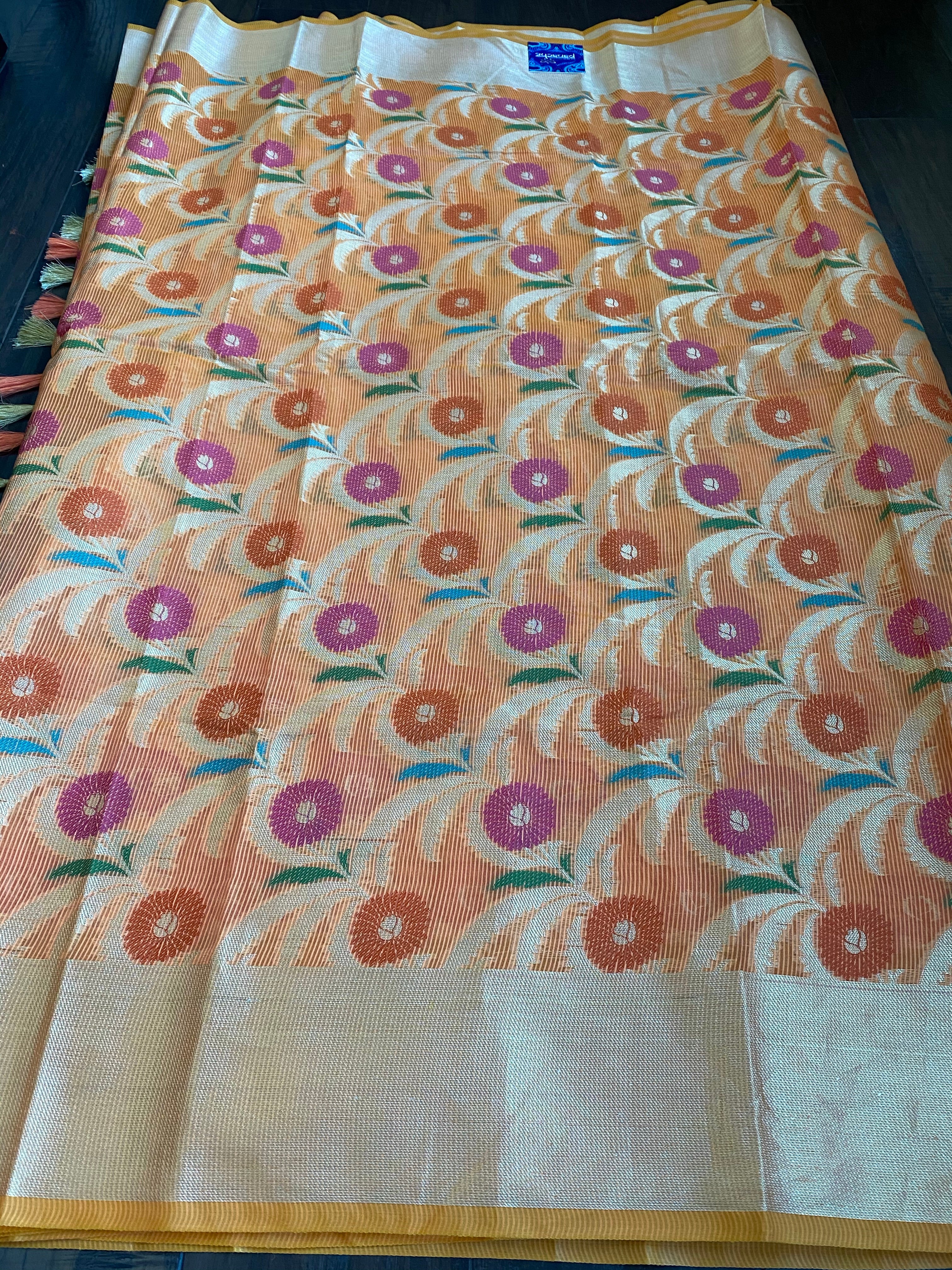 Kora Cotton Silk Saree - Tangerine Meenakari