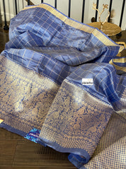 Pure Tussar Dupion Silk -  Metallic Blue Grey Zari Woven