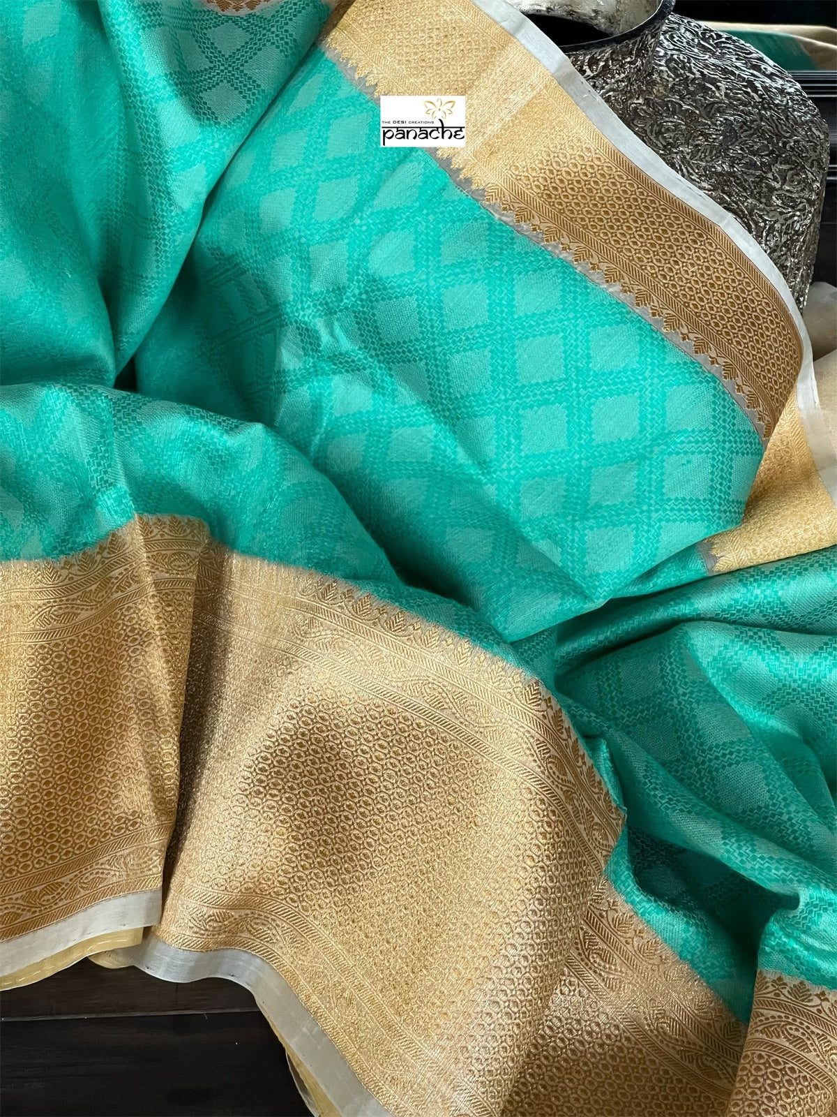 Pure Silk Banarasi - Sea Green Beige Antique Golden Zari