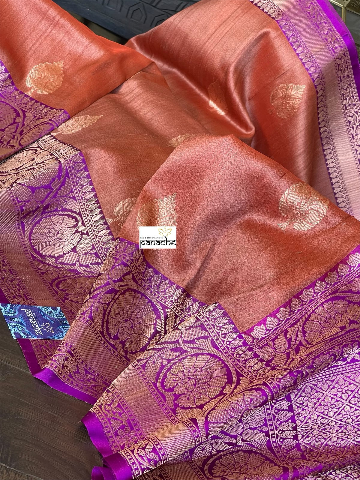 Tussar Silk Banarasi - Rust Orange Purple