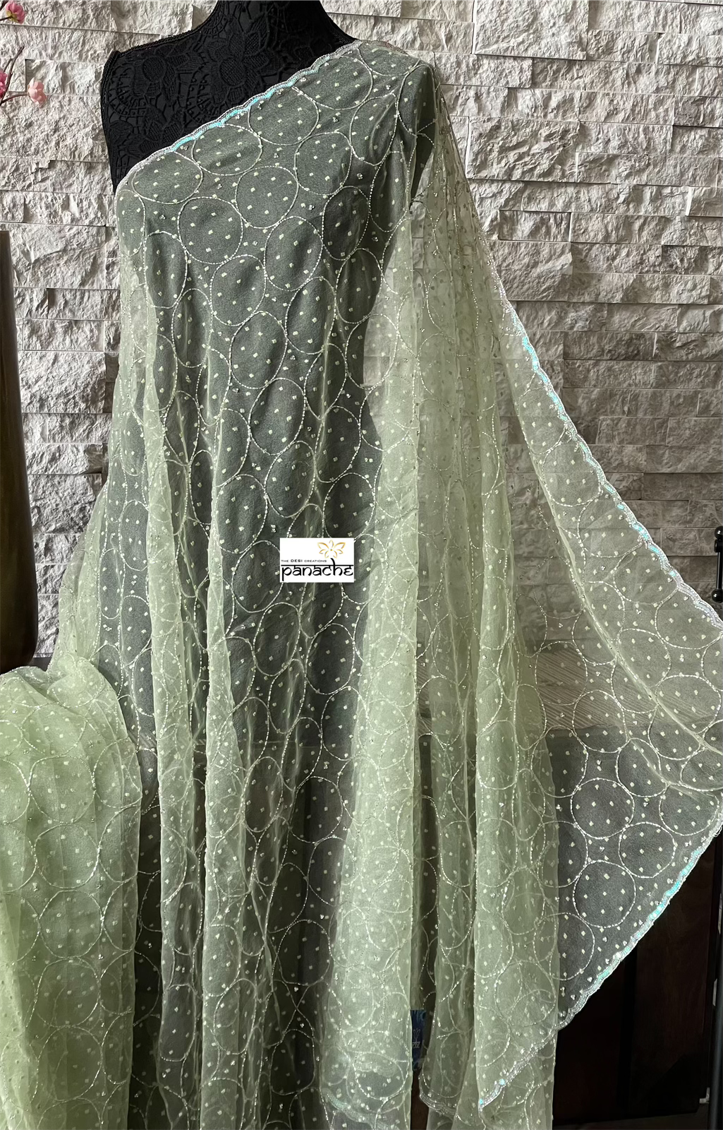 Designer Organza -  Pista Green Hand Embroidered