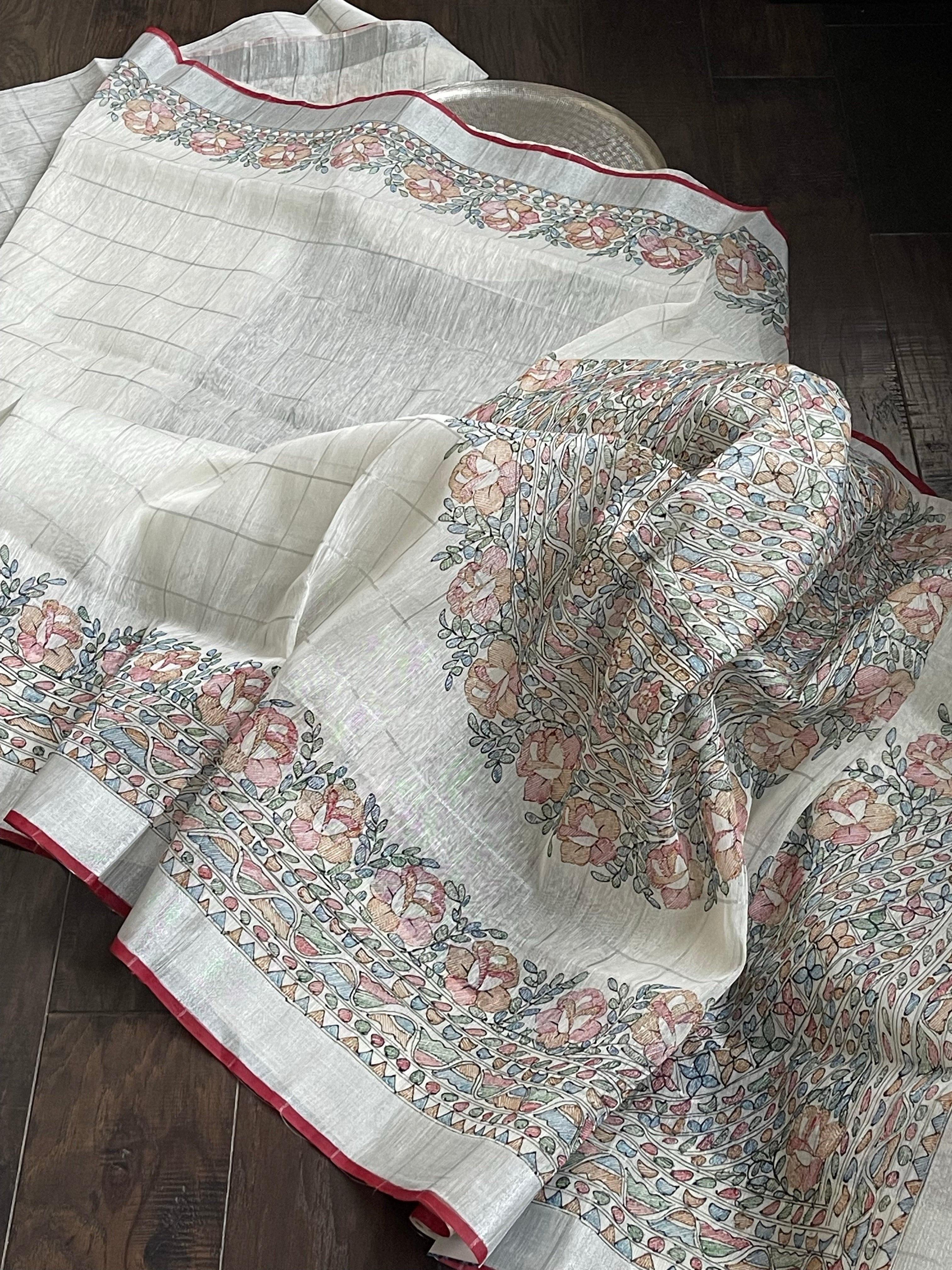 Handloom Silk Linen - White Madhubani printed Checkered