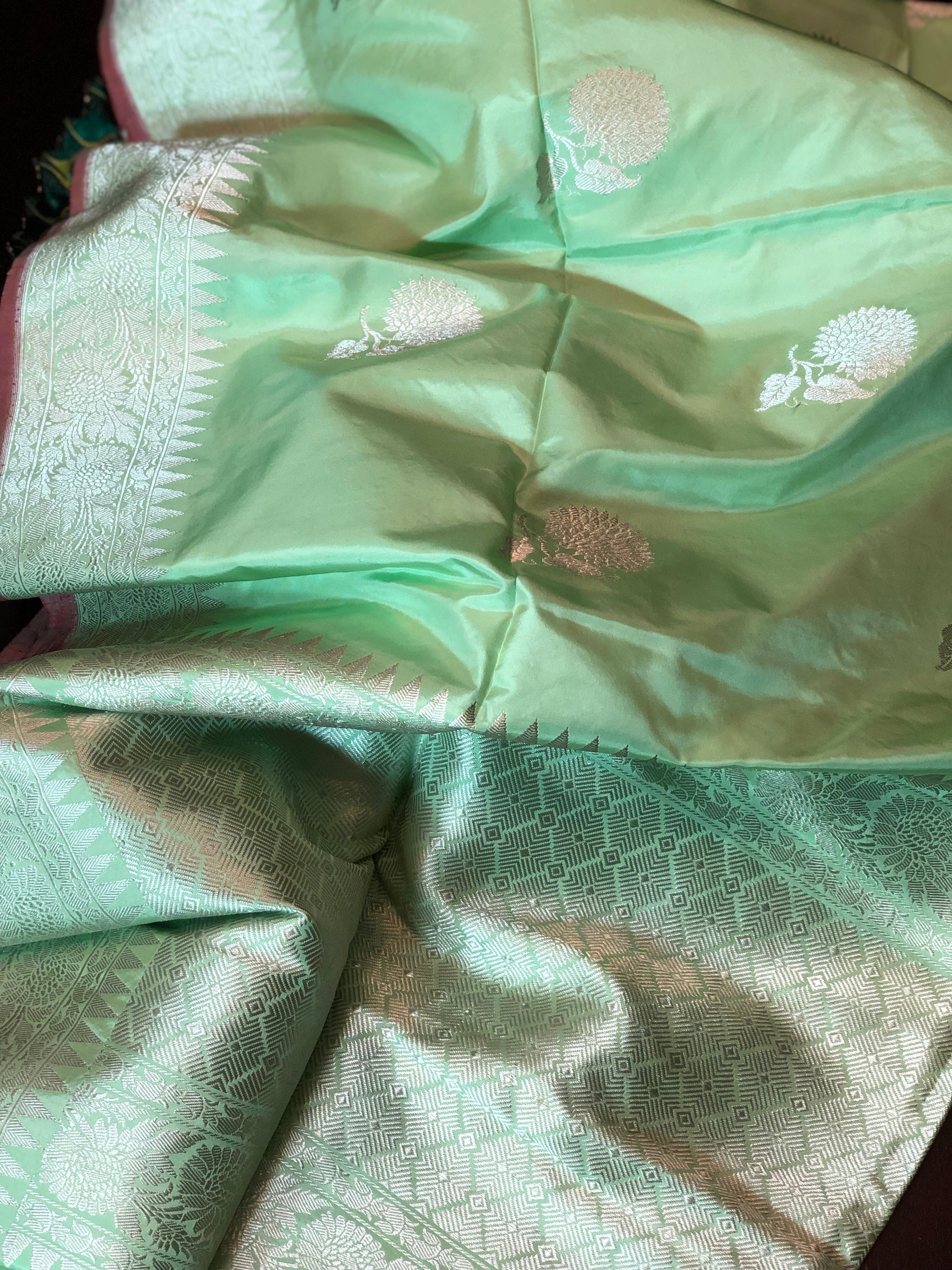 Katan Silk Banarasi - Mint Green Khadwa Silver Zari Woven