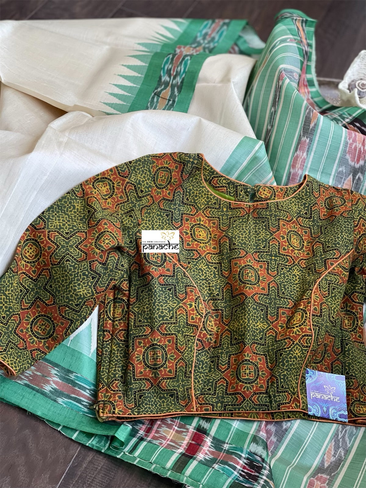 Designer Blouse - Green Ajrakh Printed