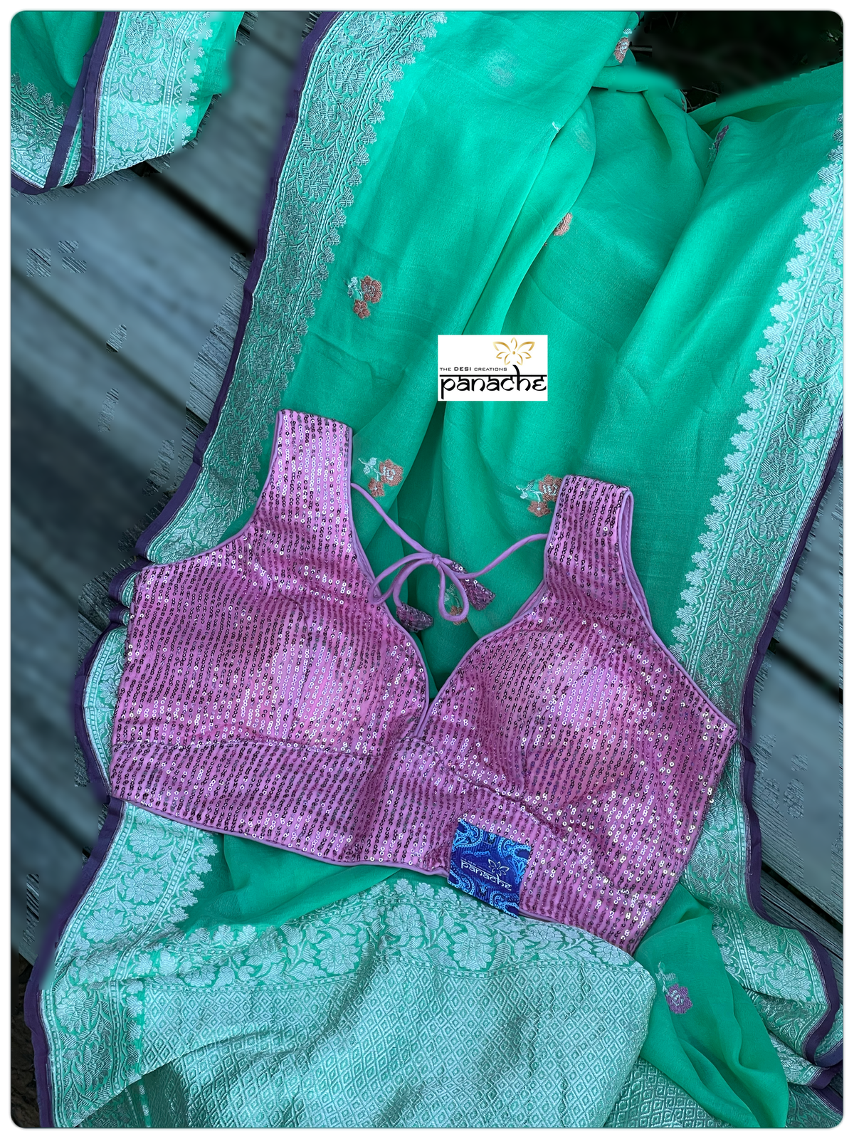 Khaddi Georgette Banarasi - Green Purple Khadhua Woven