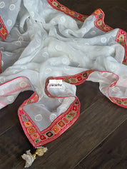 Designer Organza - White Red Sequin woven