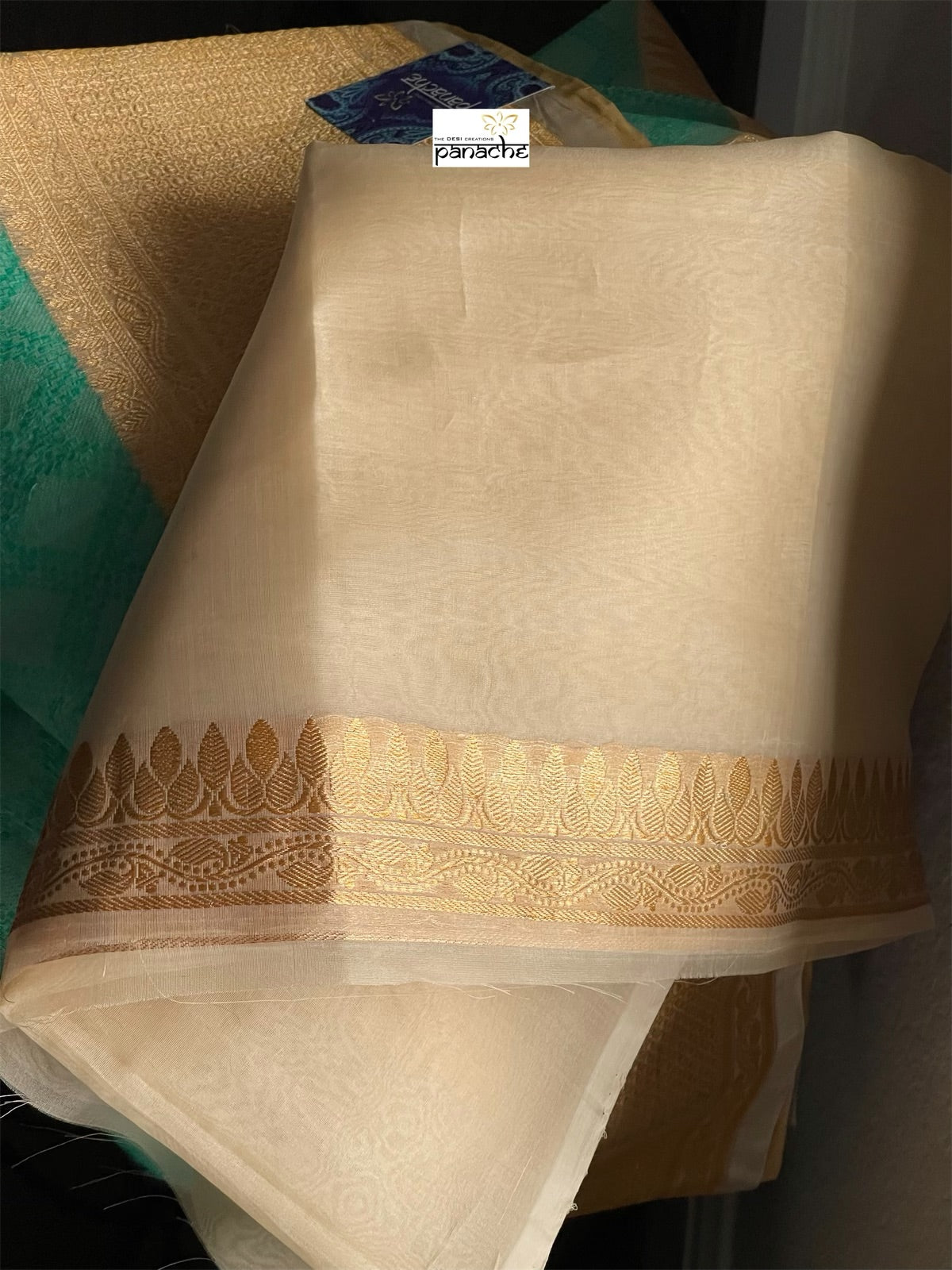 Pure Silk Banarasi - Sea Green Beige Antique Golden Zari