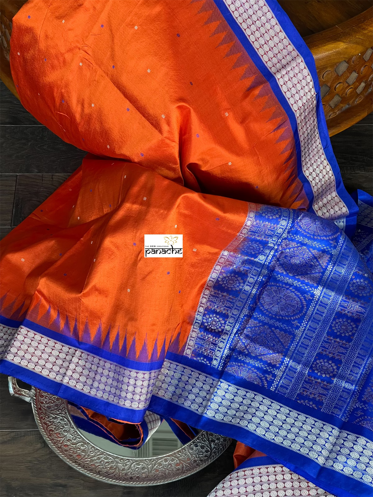 Pure Silk Bomkai - Orange Royal Blue