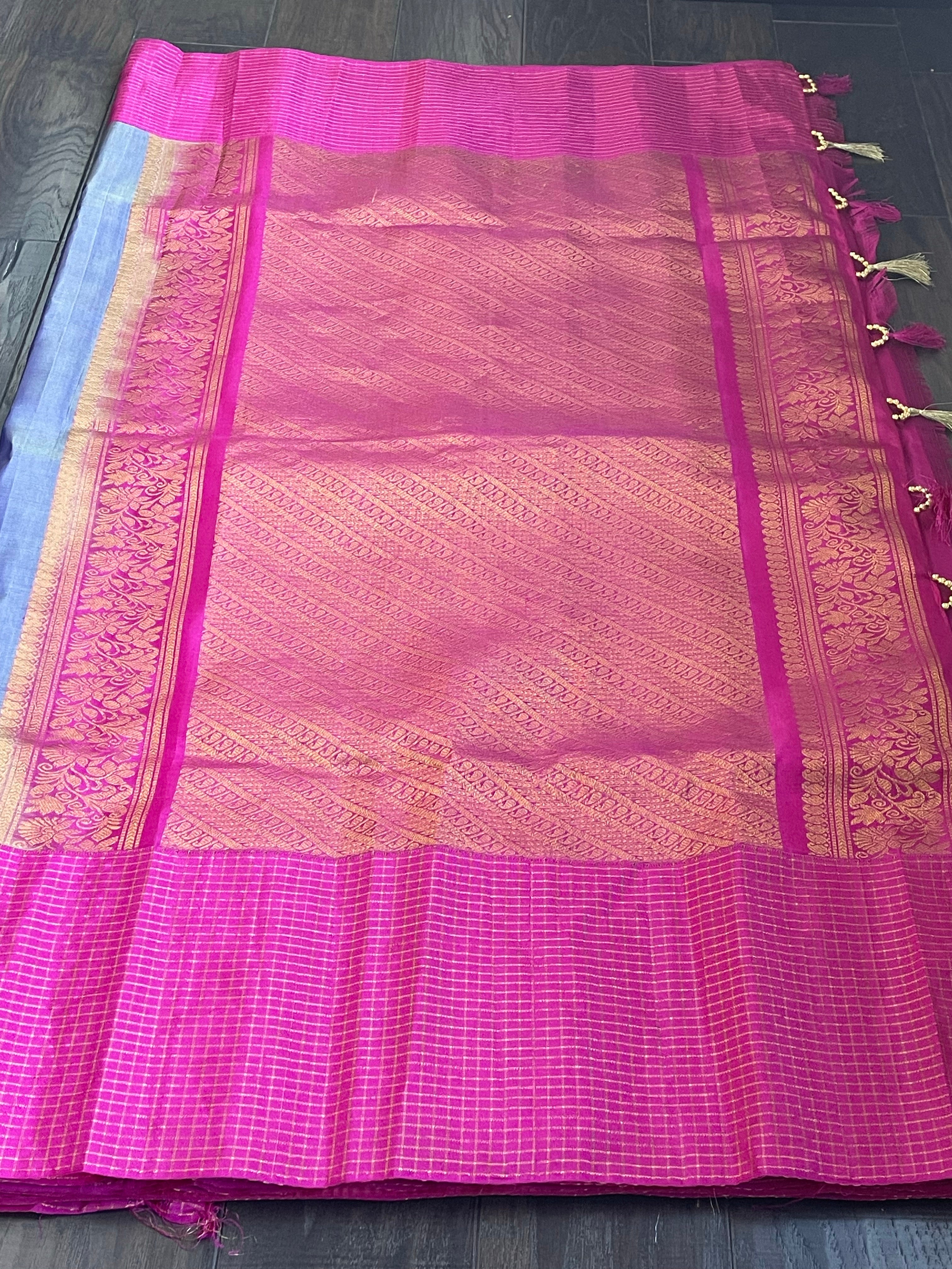 Silk Gadwal - Violet Magenta Pink Golden Zari