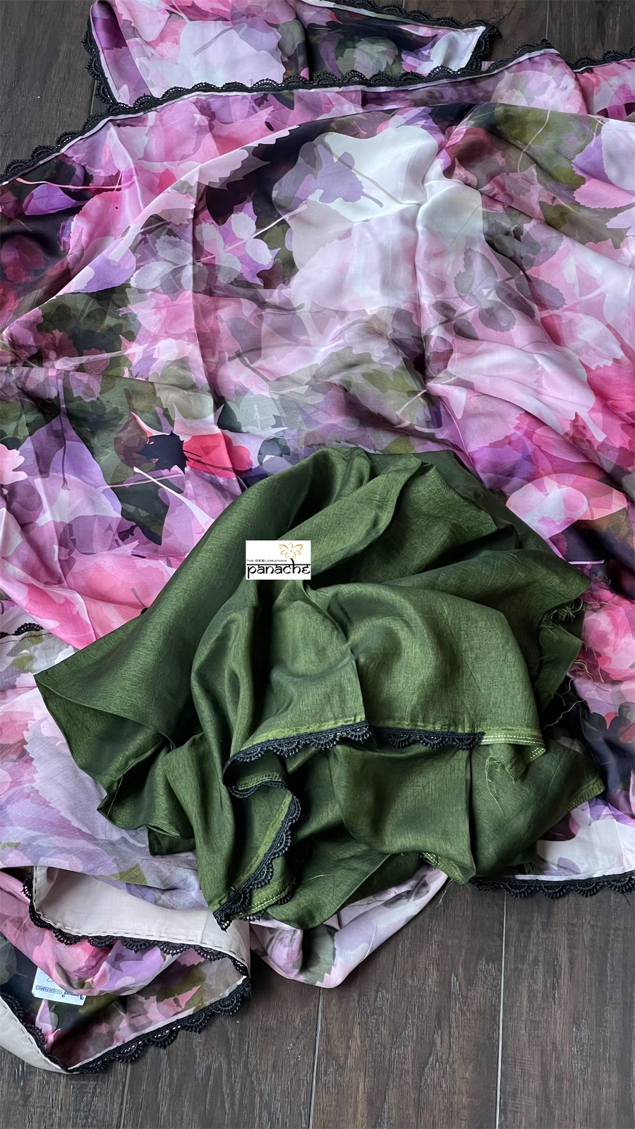 Designer Satin Maslin Silk - Green Pink Shaded Flower