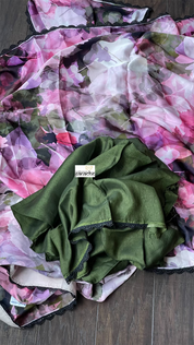 Designer Satin Maslin Silk - Green Pink Shaded Flower