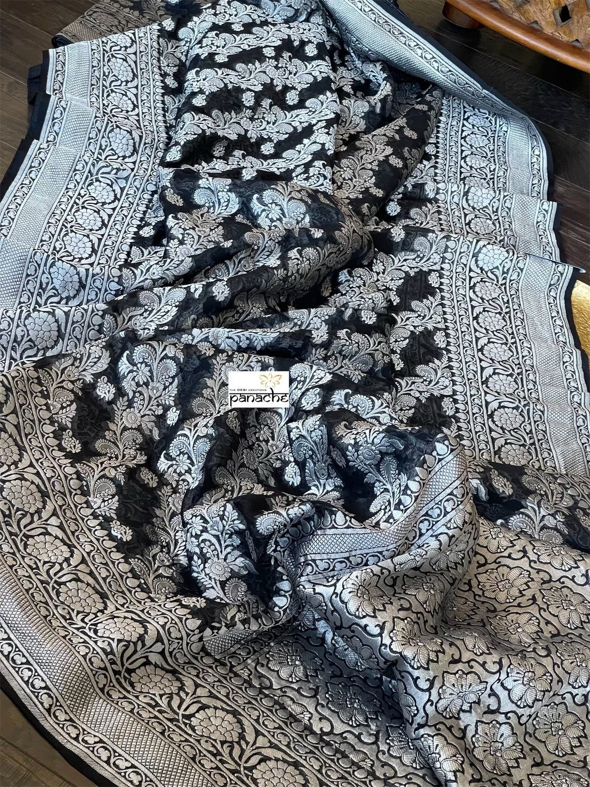 Khaddi Georgette Banarasi - Black Silver Zari