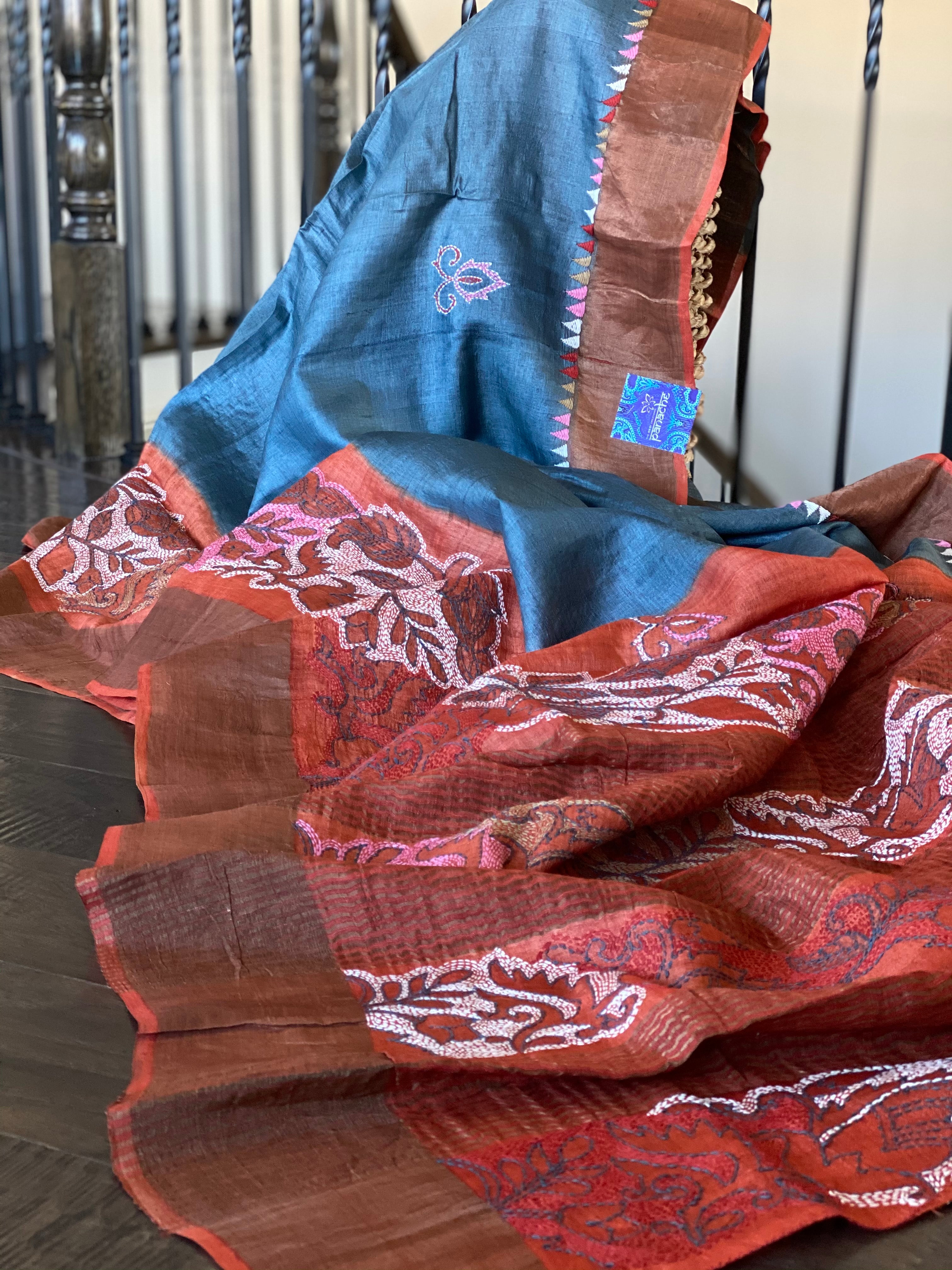 Pure Tussar Silk Kantha Stitch - Grey Rust