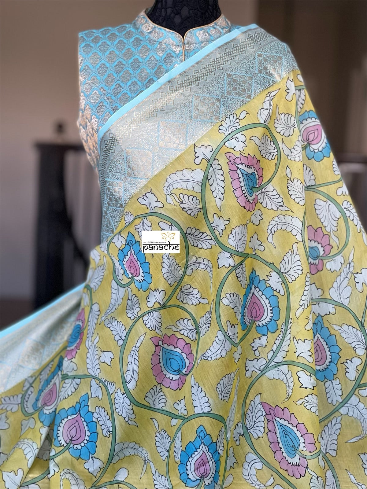 Pure Cotton Silk Kalamkari Banarasi- Yellow