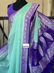Chiffon Georgette Silk Banarasi - Mint Green Purple Silver Zari