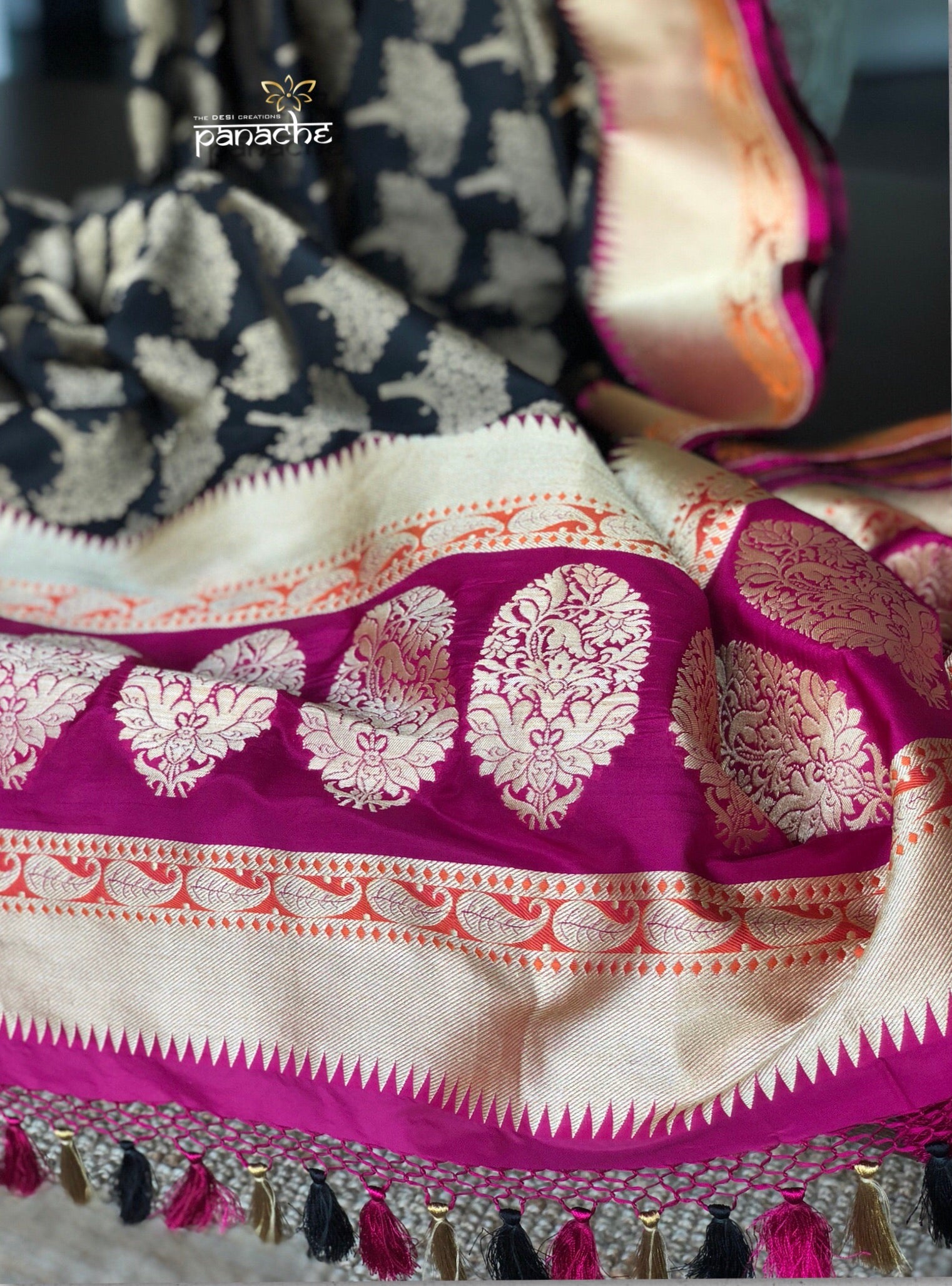Silk Banarasi - Black Purple Antique Zari