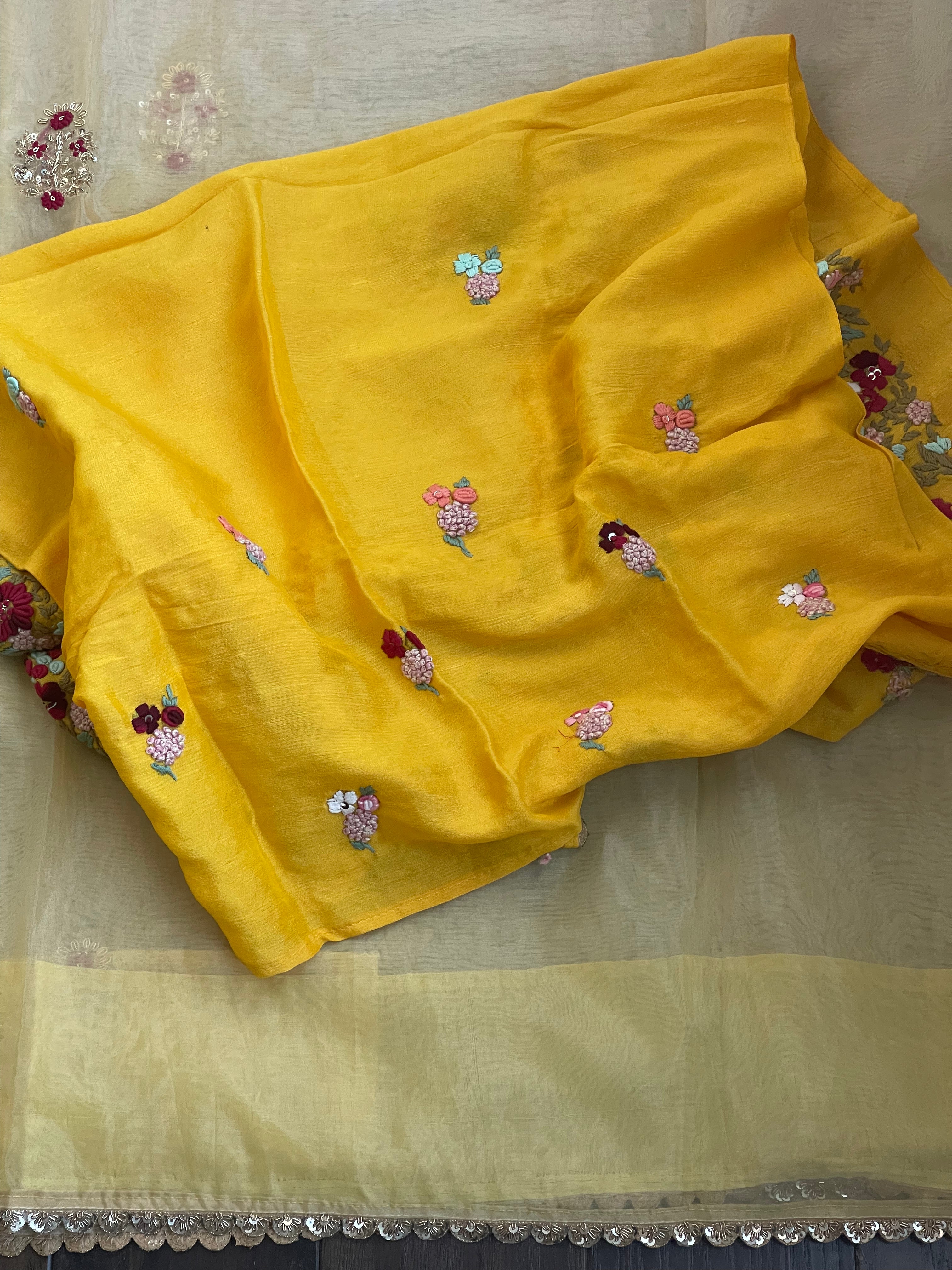 Designer Organza - Lemon Yellow mukaish Embroidered