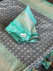 Pure Katan Silk Banarasi - Grey Sea Green Checkered