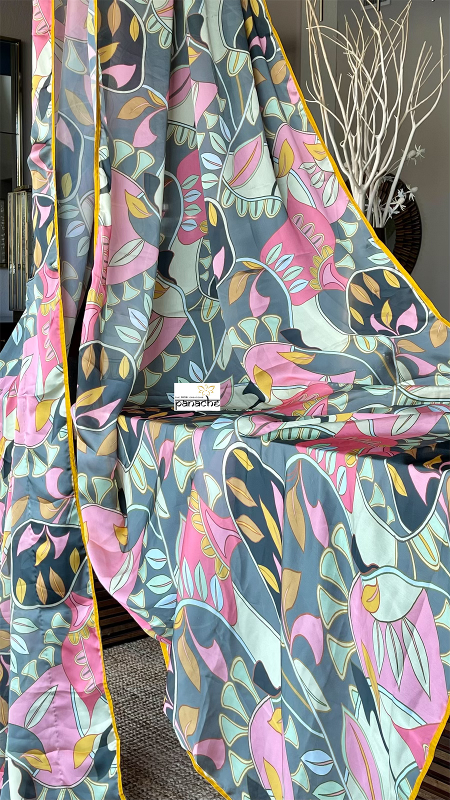 Designer Satin Silk - Grey Pink Kalamkari