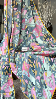 Designer Satin Silk - Grey Pink Kalamkari