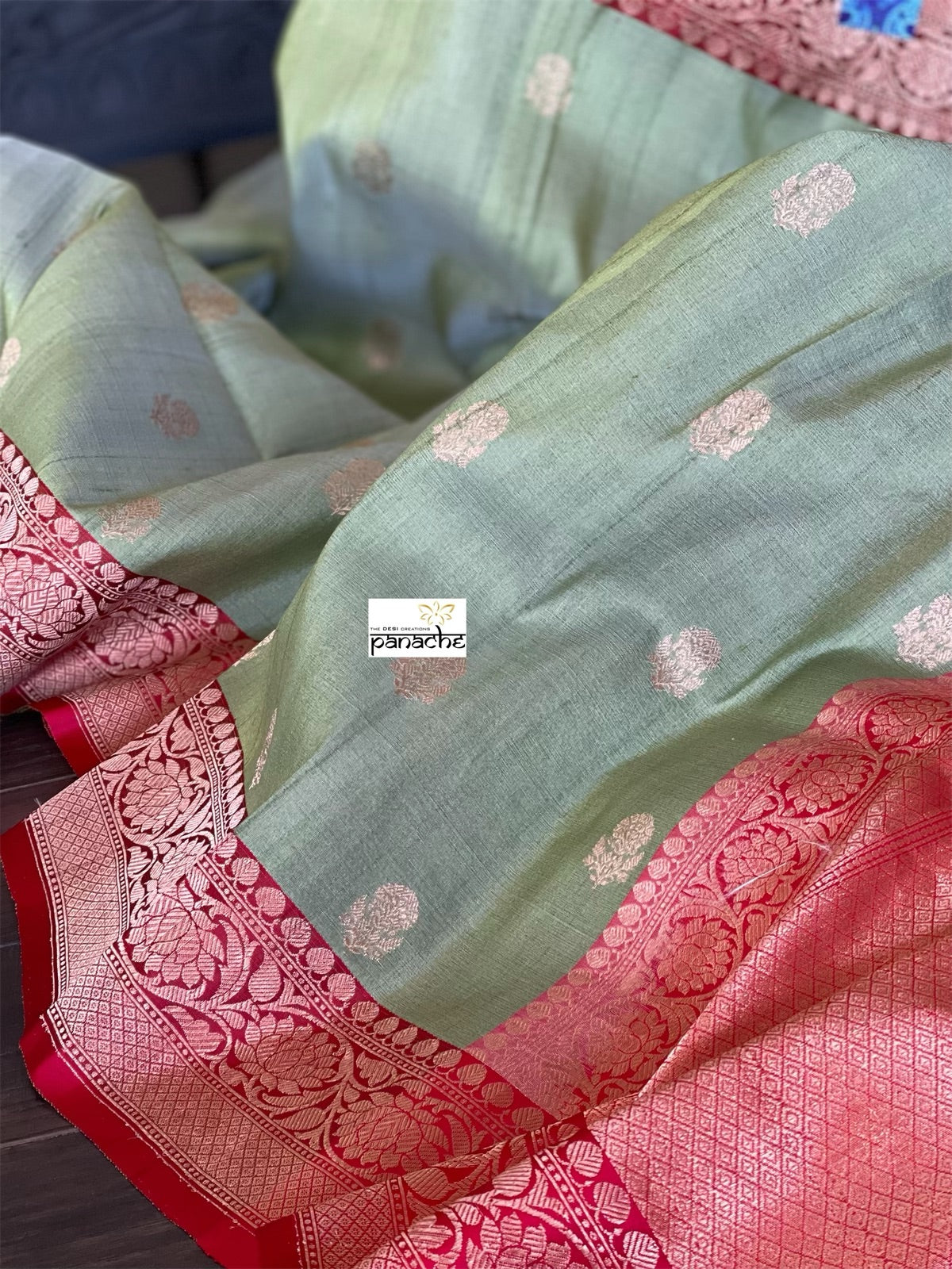 Tussar Silk Banarasi - Green Red