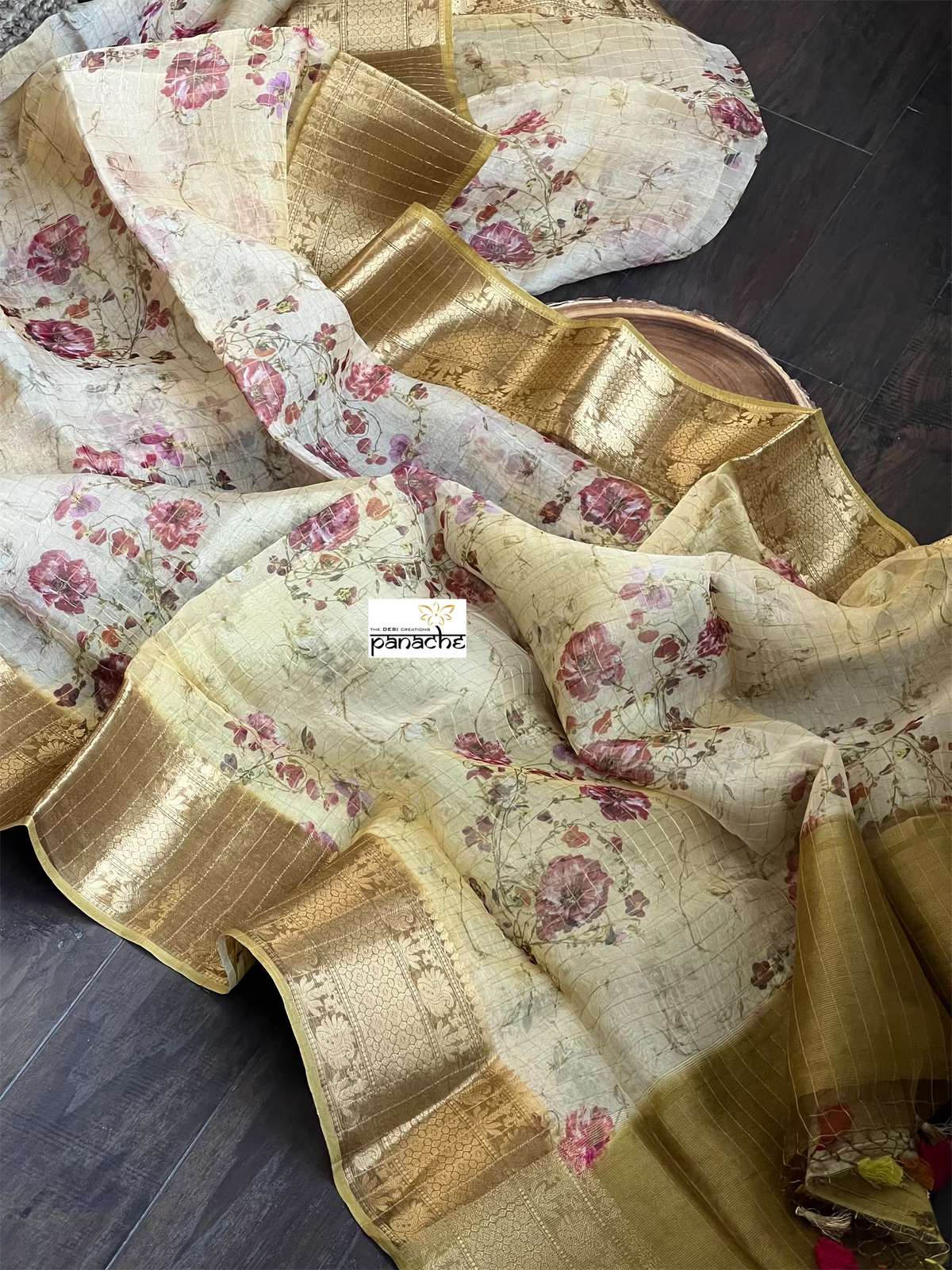 Banarasi Organza Floral - Light Brown Golden Zari Checks